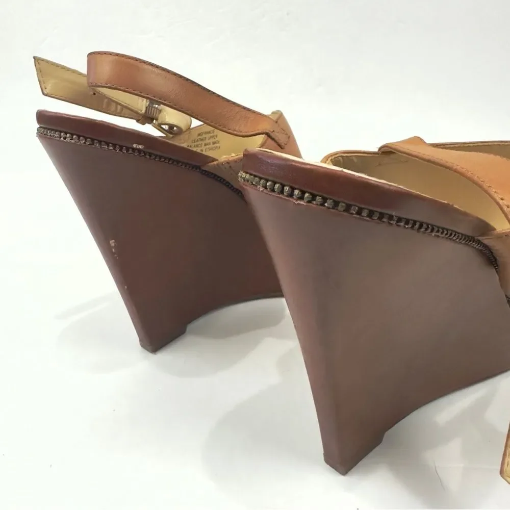 Guess WGFRANCIE Brown Leather Wedge Open Toe Strappy Sandals Women's Sz 10M